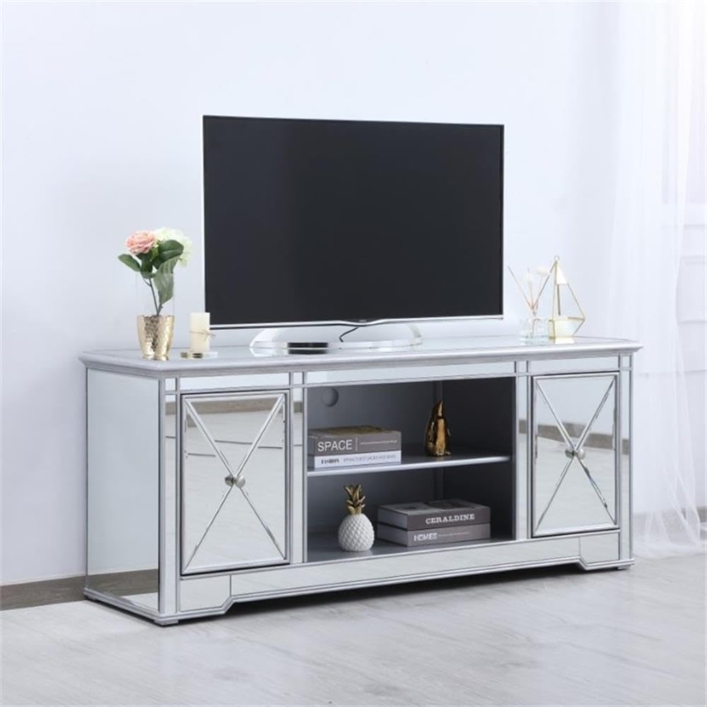 Elegant Decor Modern 60&quot; Mirrored TV Stand in Distressed Antique Silver