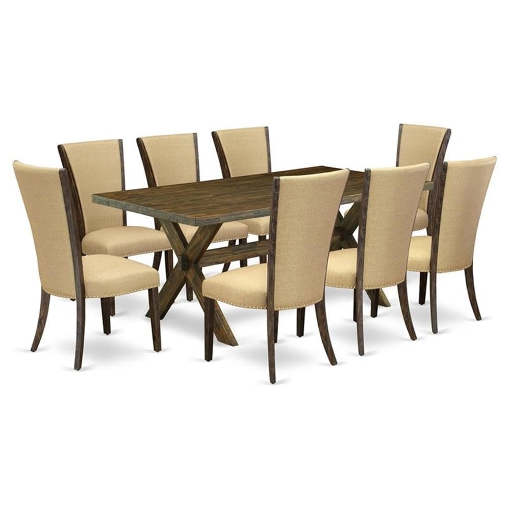 East West Furniture X777Ve703-9 9 Piece Dining Room Furniture Set Includes A Rectangle Dining Table With X-Legs And 8 Brown Linen Fabric Upholstered Chairs, 40X72 Inch, Multi-Color