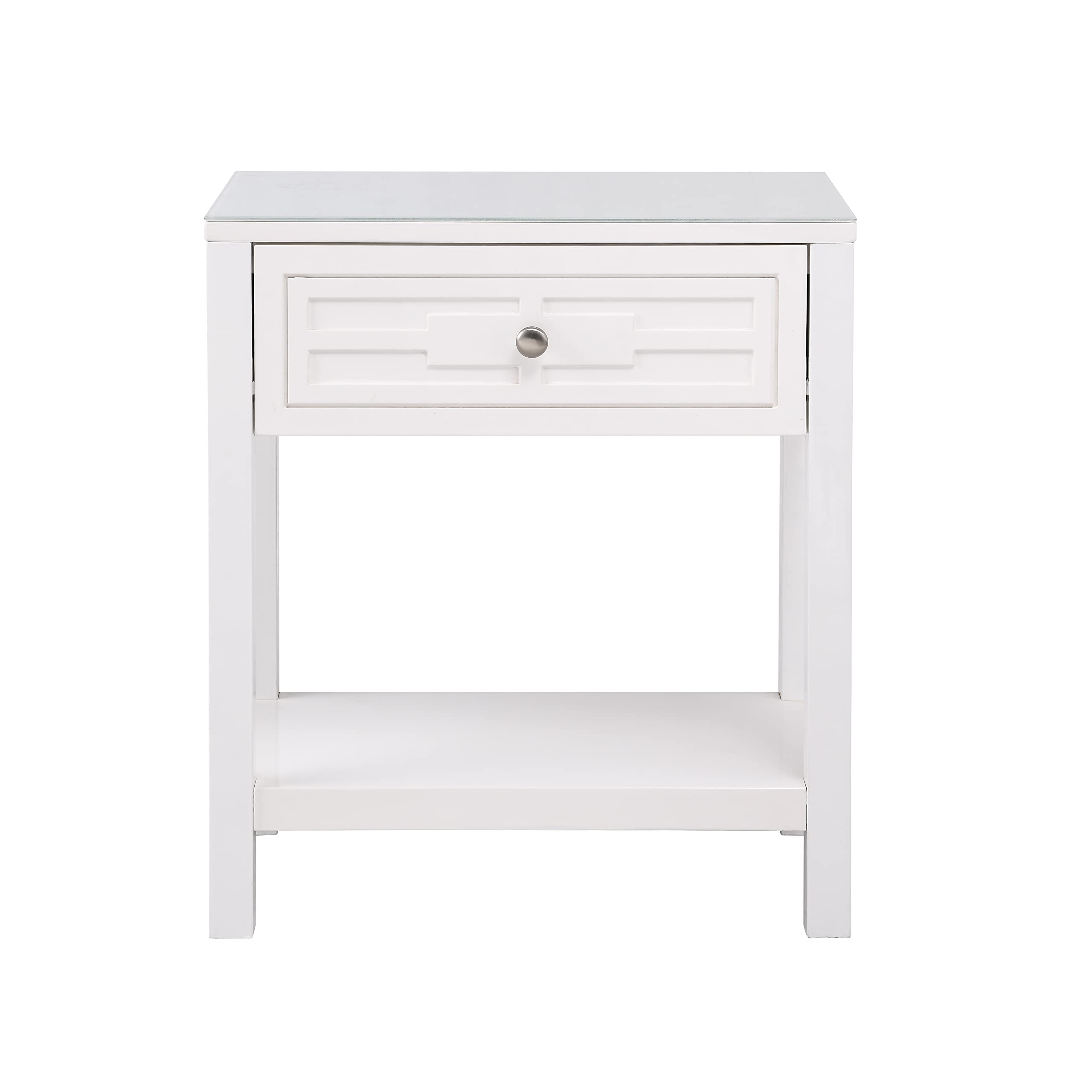 Lilola Home Dylan White Wooden End Side Table Nightstand with Glass Top and Drawer