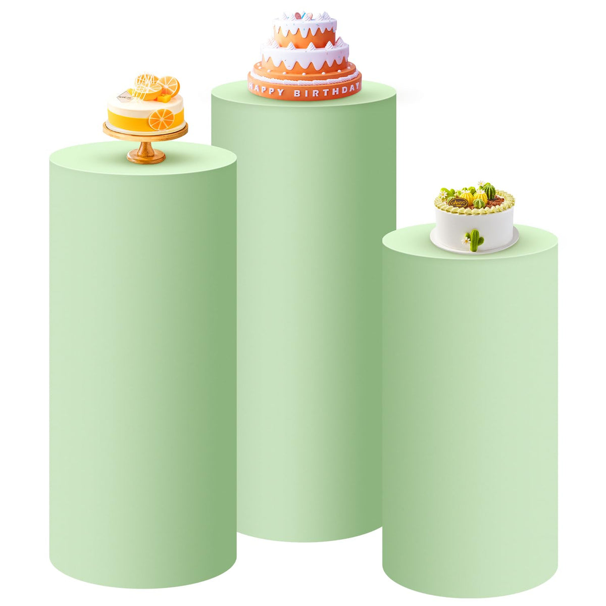 SaitiMade Set of 3 - Sage Green Cylinder Pedestal Stand Covers, Flexible Cylinder Stand Covers for Party, Wedding or Birthday Ev