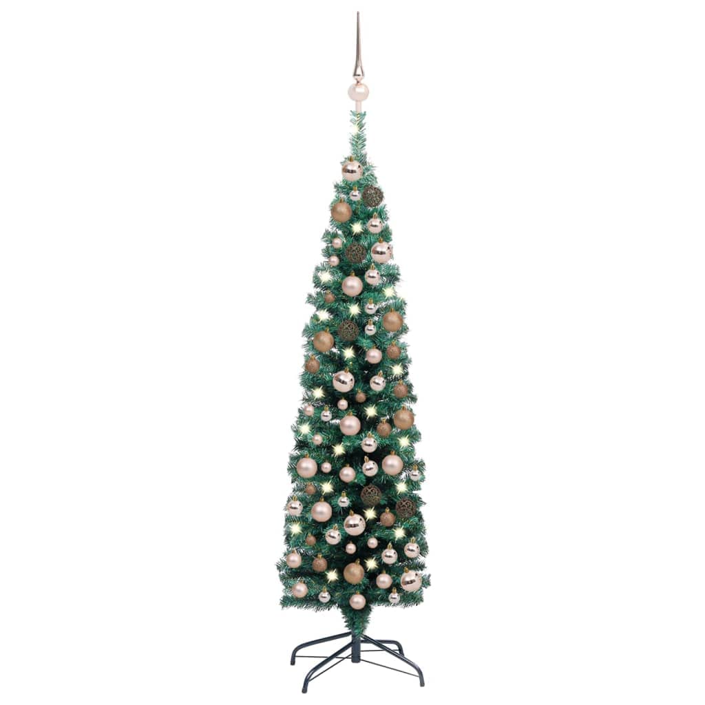 Vidaxl Slim Artificial Christmas Tree With Led Lights And Ball Set - Pvc Material, Green, 47.2 Inches - Economy-Friendly, Reusable Christmas Decorations