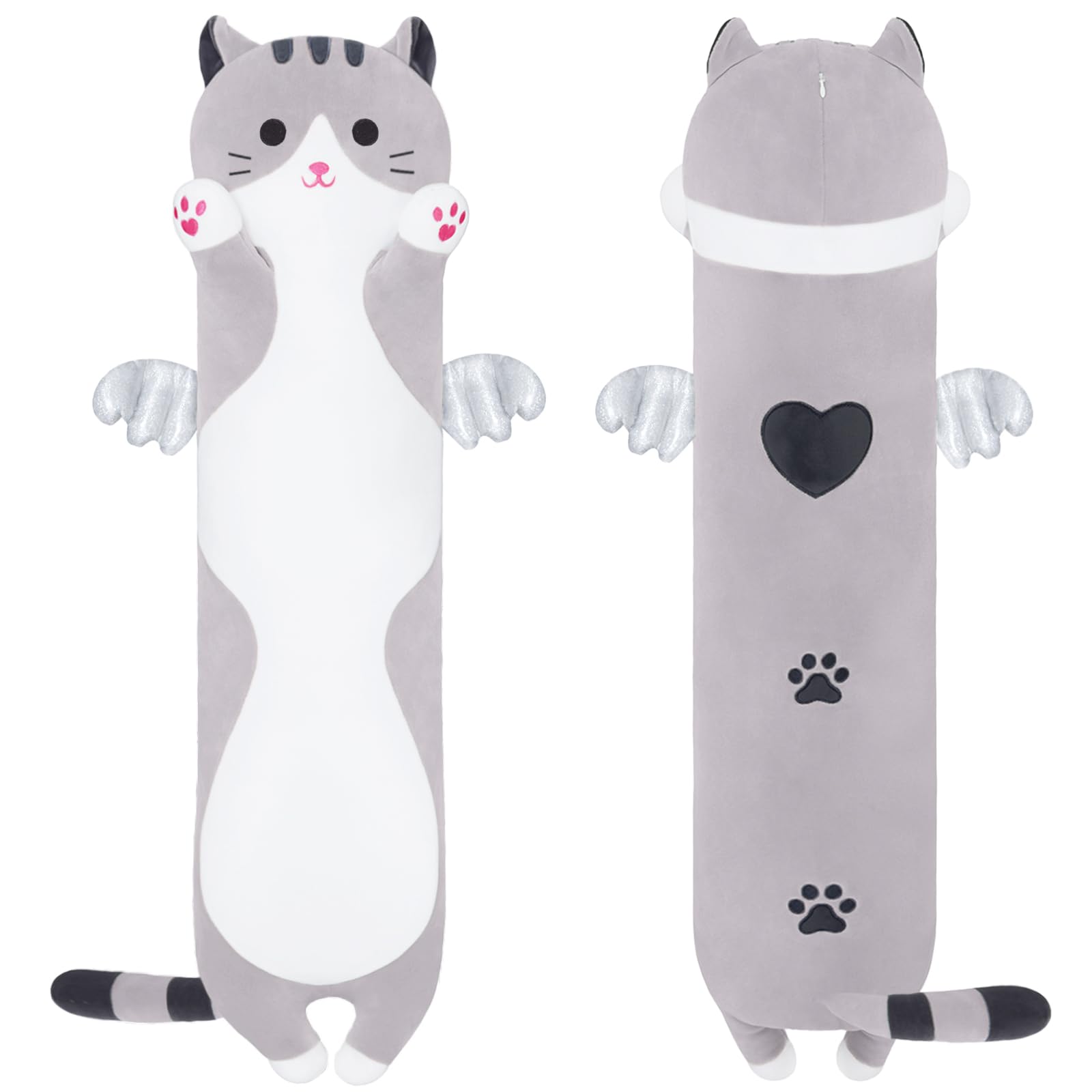 Yeqivo Soft Cat Plush Pillow, Grey Long Cat Stuffed Animals Soft Long Kitten Plushies Kawaii Cat Stuffed Plush Toy For Kids Girl