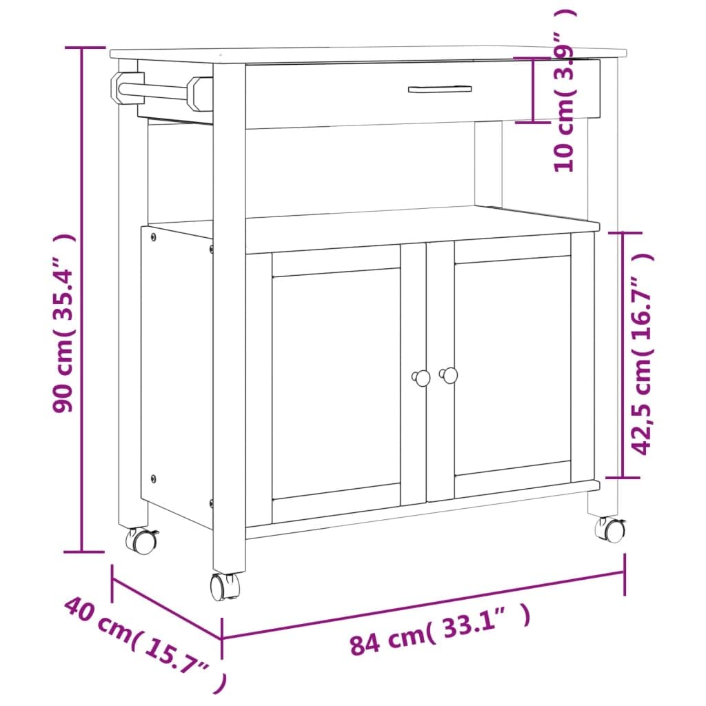 vidaXL Rolling Kitchen Trolley Cart, Solid Pine Wood, White/Honey, 33.1x15.7x35.4, Storage Island with Wheels and Drawer for Utensils