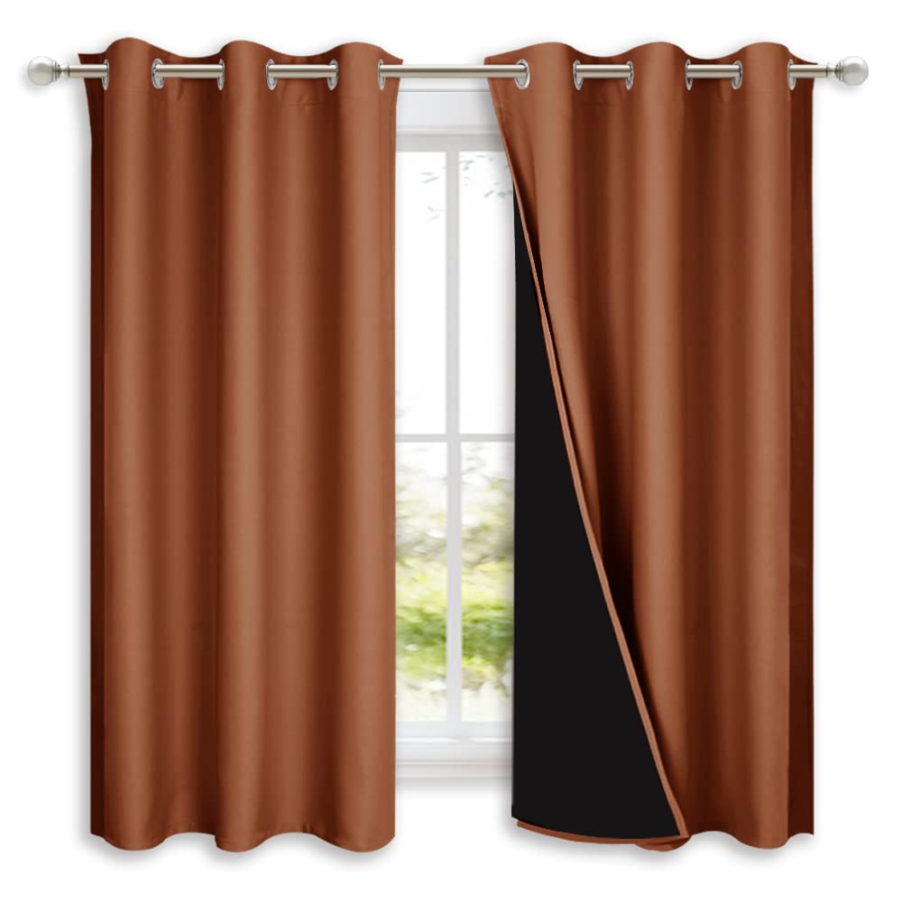 Nicetown Burnt Orange 100% Blackout Lined Curtains, 2 Thick Layers Completely Blackout Window Treatment Panels Thermal Insulated Drapes For Kitchen (1 Pair, 42' Width X 63' Length Each Panel)