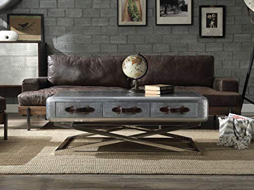 HomeRoots Aluminum, Top Grain Leath 51&quot; X 33&quot; X 19&quot; Aluminum Coffee Table