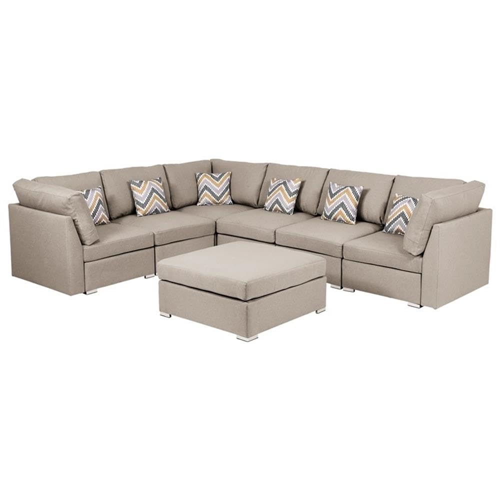 Lilola Home Amira Beige Fabric Reversible Modular Sectional Sofa with Ottoman and Pillows