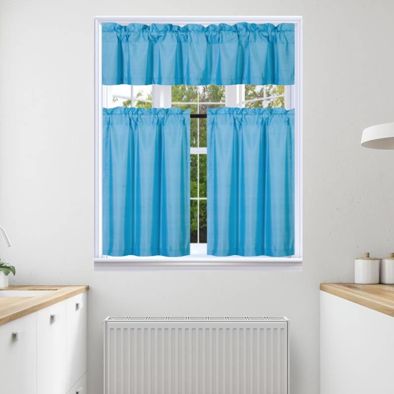 3Pc Set Solid Faux Silk Lined Blackout Rod Pocket Small Kitchen Window Curtain With Valance (K3) (Turquoise Blue)