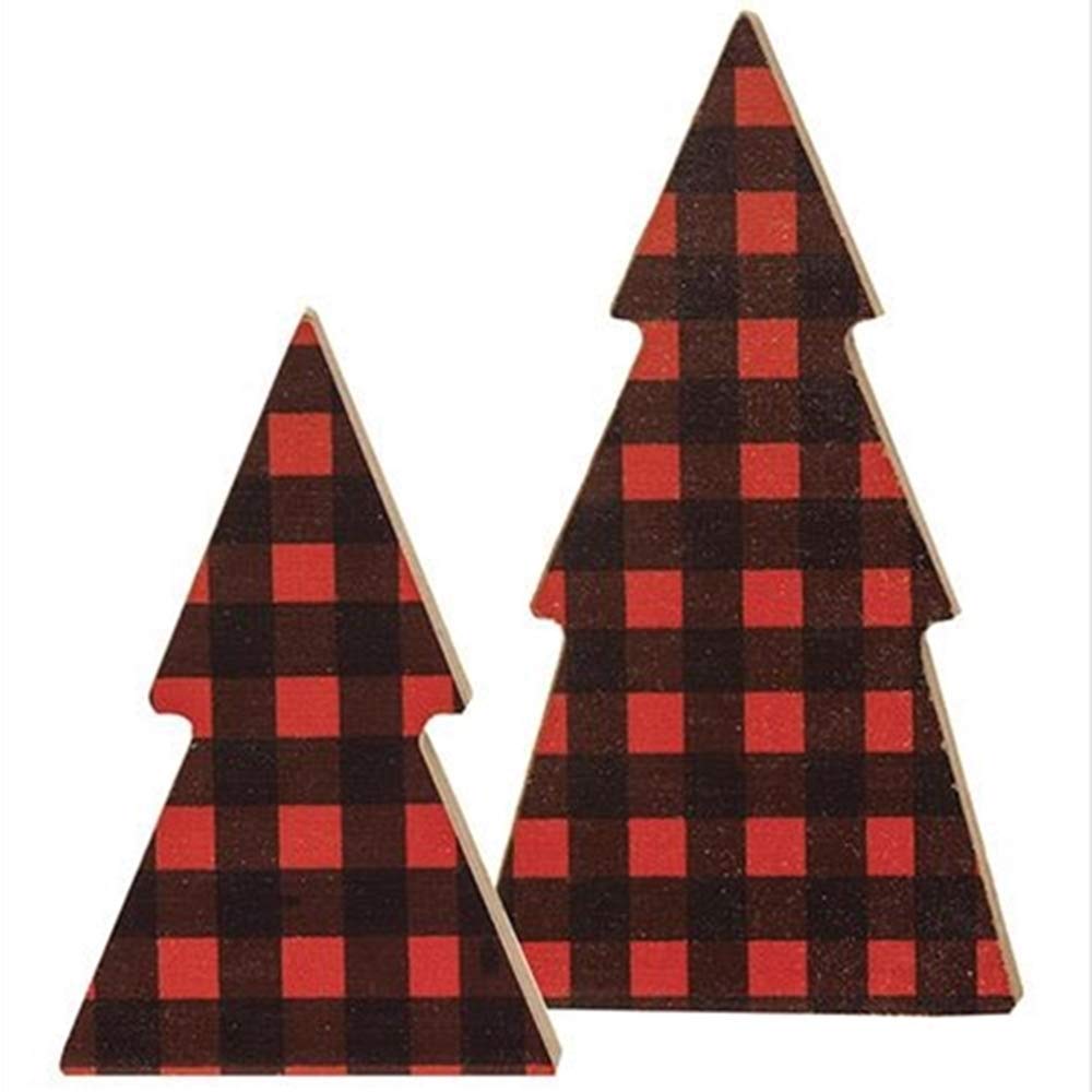 HAPPY DEALS ~ 2 Pack | Buffalo Plaid Trees | Wood | 4 inch | Farmhouse Buffalo Check Christmas Trees Shelf Sitters