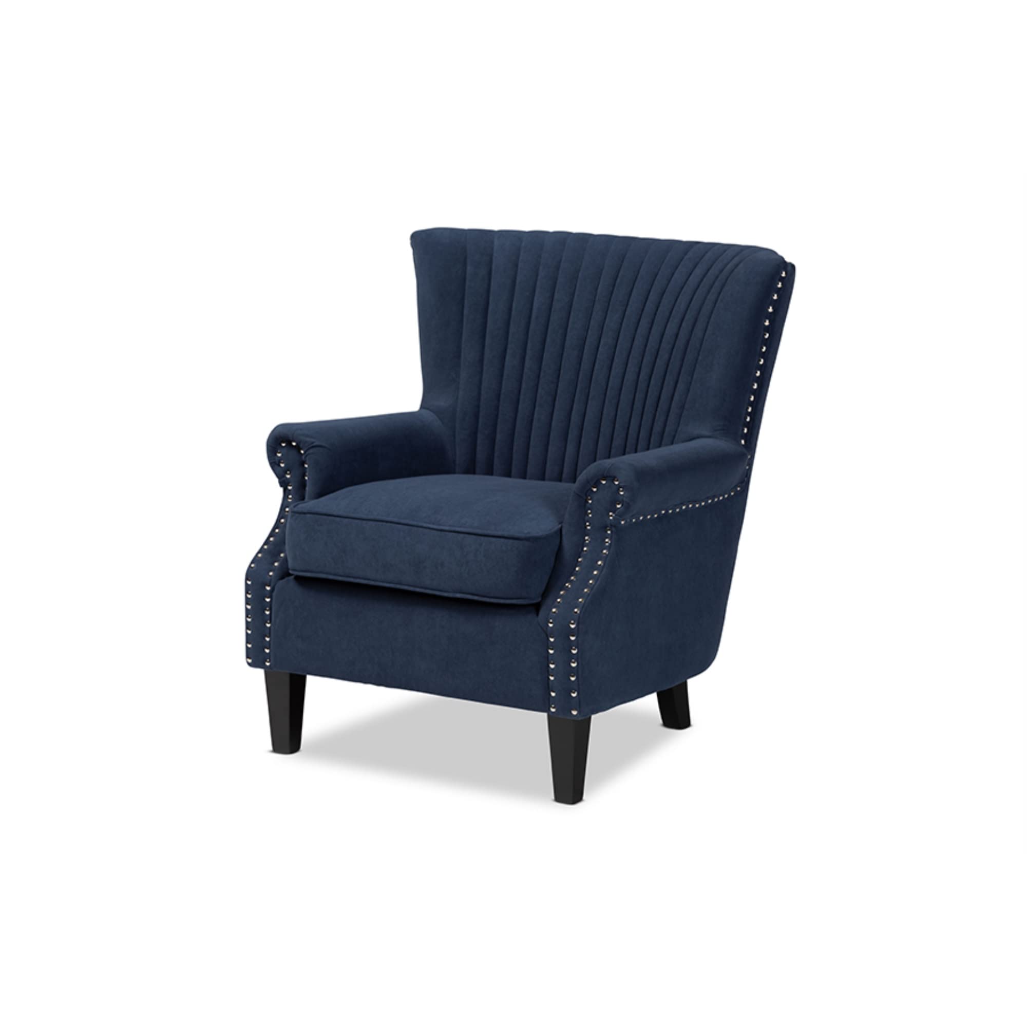 Baxton Studio Wilhelm Classic and Traditional Navy Blue Velvet Fabric Upholstered and Dark Brown Finished Wood Armchair