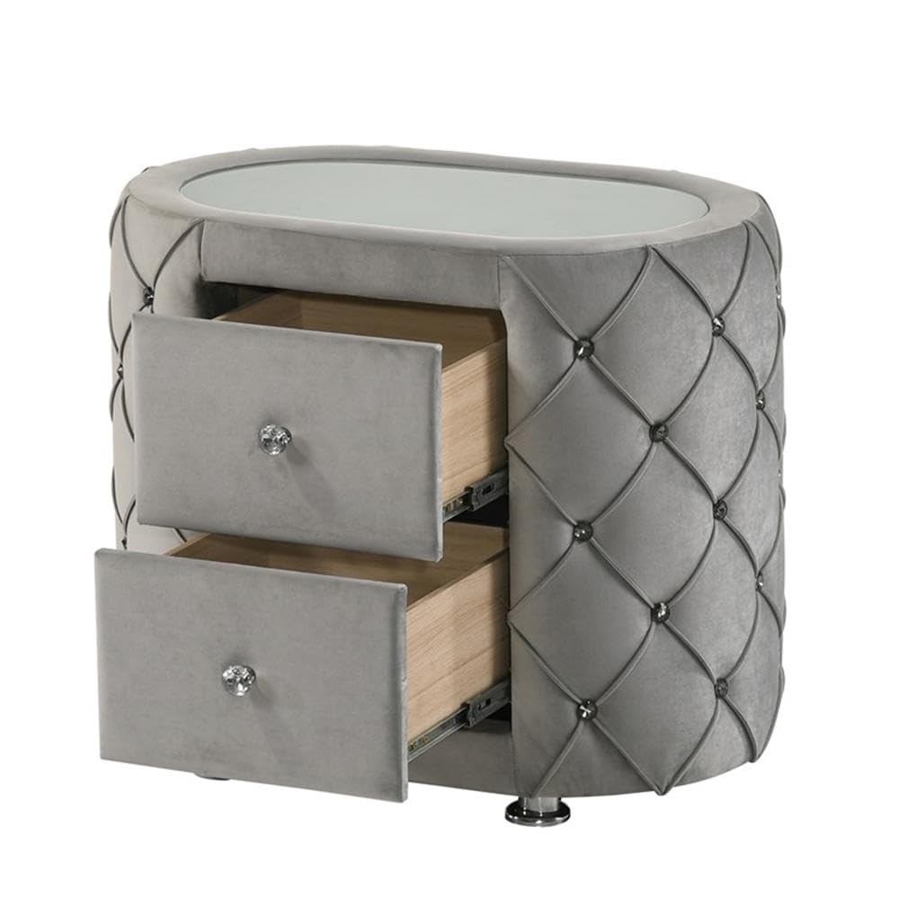 Acme Furniture Upholstered Nightstand with 2 Drawers, Gray Velvet