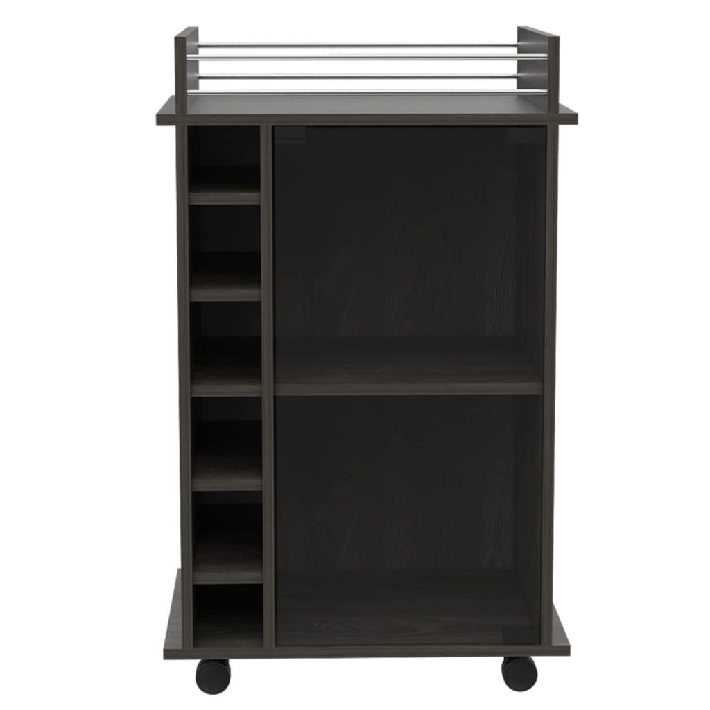 Huali Bar Cart with 6 Wine Cubbies, Glass Door, 4 Casters, and 2 Shelves, Carbon Espresso