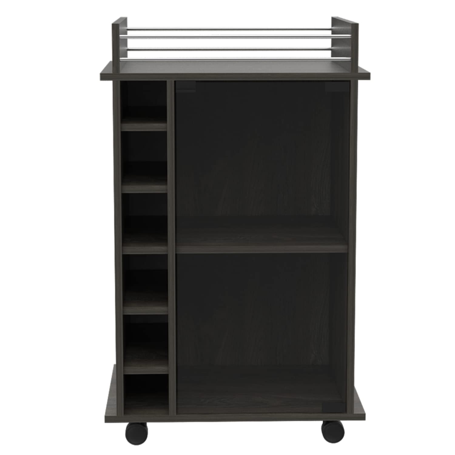 Huali Bar Cart with 6 Wine Cubbies, Glass Door, 4 Casters, and 2 Shelves, Carbon Espresso
