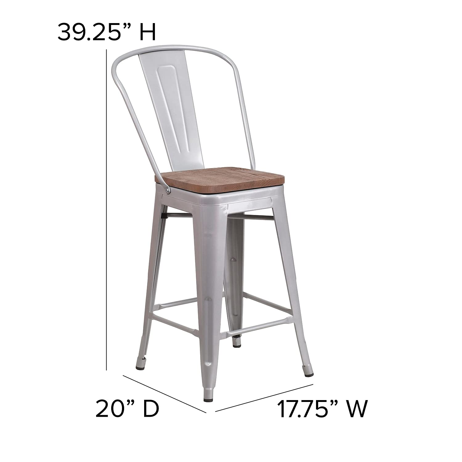 Flash Furniture Lily 24' High Silver Metal Counter Height Stool With Back And Wood Seat (Pack Of 1)
