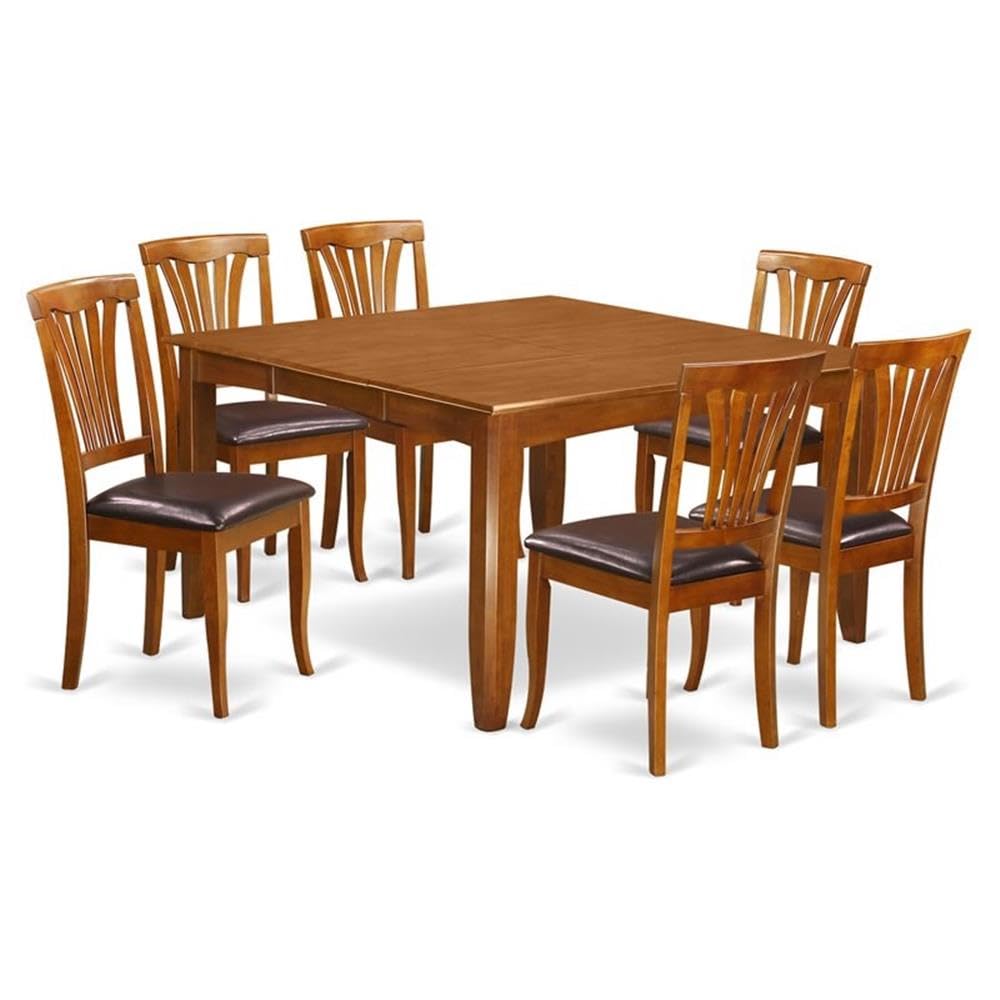 East West Furniture PFAV7-SBR-LC 7 Piece Dining Table Set Consist of a Square Dining Room Table with Butterfly Leaf and 6 Faux Leather Upholstered Chairs, 54x54 Inch, Saddle Brown