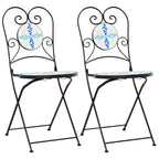 vidaXL Bistro Chairs - Foldable Ceramic Seating - 2 pcs Blue & White Mosaic - for Garden/Patio/Indoor - 15" x 17.9" x 35.2"