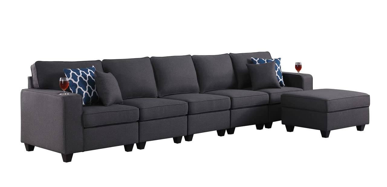 Lilola Home Cooper Dark Gray Linen 5-Seater Sofa with Ottoman and Cupholder