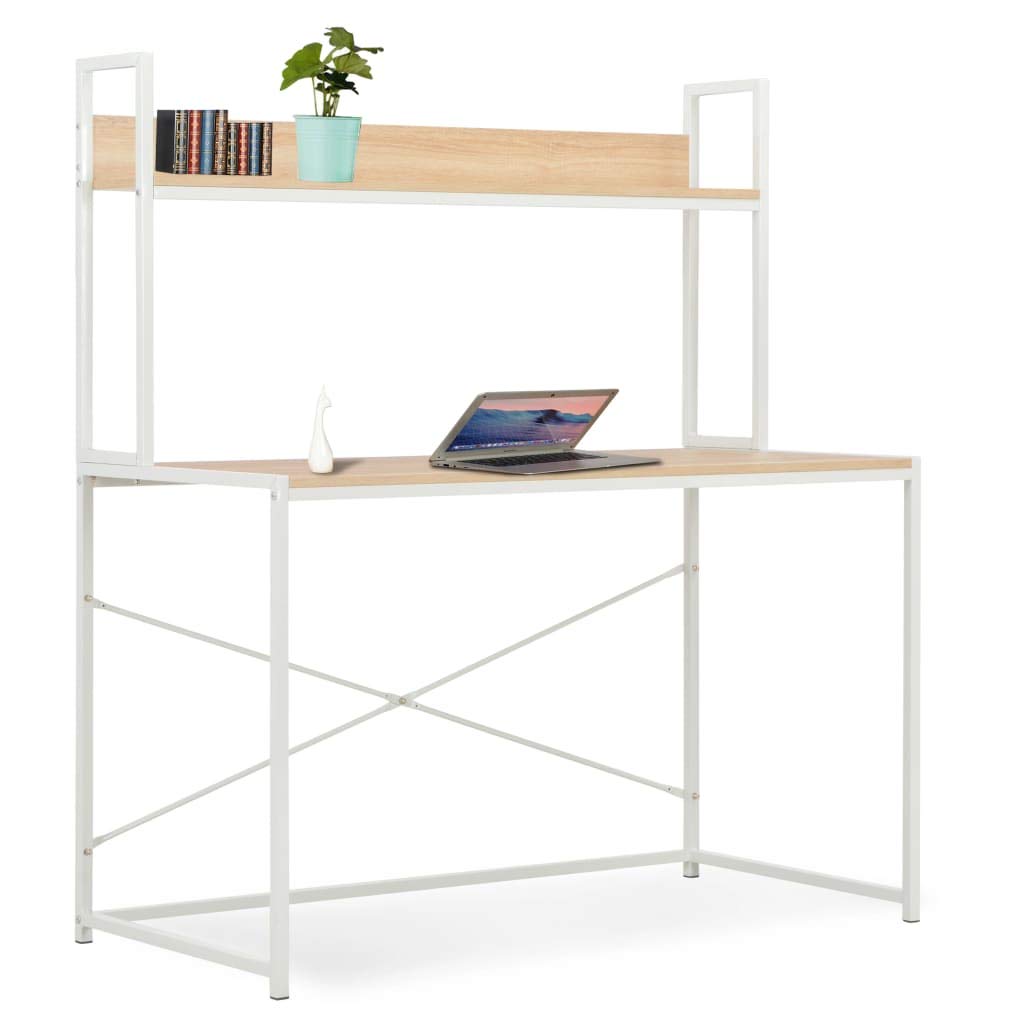 vidaXL Engineered Wood and Metal Office Desk, Industrial Style Computer Desk with Shelf, Durable Writing Desk for Home or Office, White and Oak