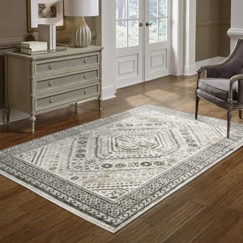 HomeRoots 508983 8 x 10 ft. Ivory Gray Black & Ivory Oriental Power Loom Stain Resistant Rectangle Area Rug