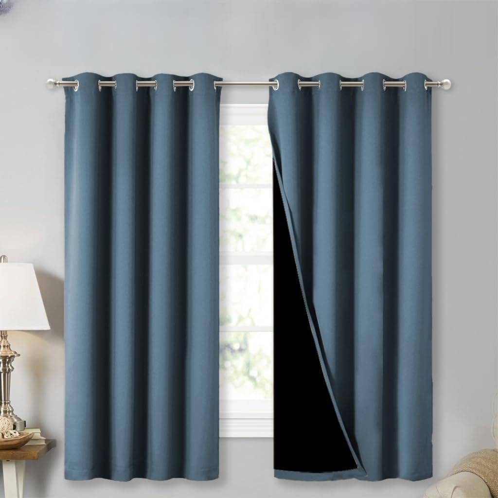 NICETOWN 100% Blackout Curtains with Black Liners, Smoky Blue, 2 Panels, 52-inch W by 63-inch L, Thermal Insulated Full Blackout