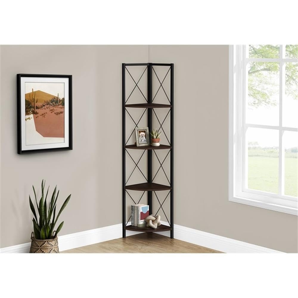Monarch Specialties I 3645 Bookshelf, Bookcase, Etagere, Corner, 4 Tier, 60&quot; H, Office, Bedroom, Metal, Laminate, Brown, Black, Contemporary, Modern