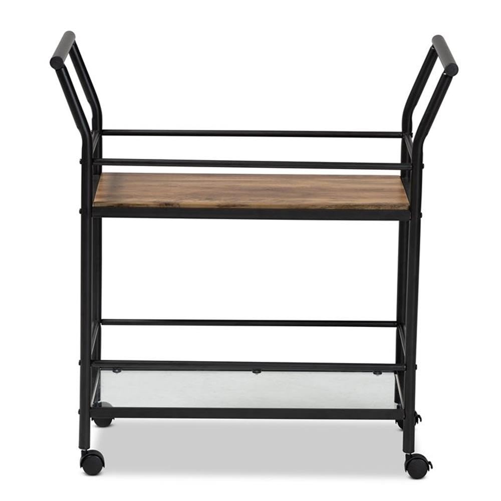 Baxton Studio Valora Industrial Rustic Walnut Finished Wood and Black Metal 2-Tier Mobile Wine Cart