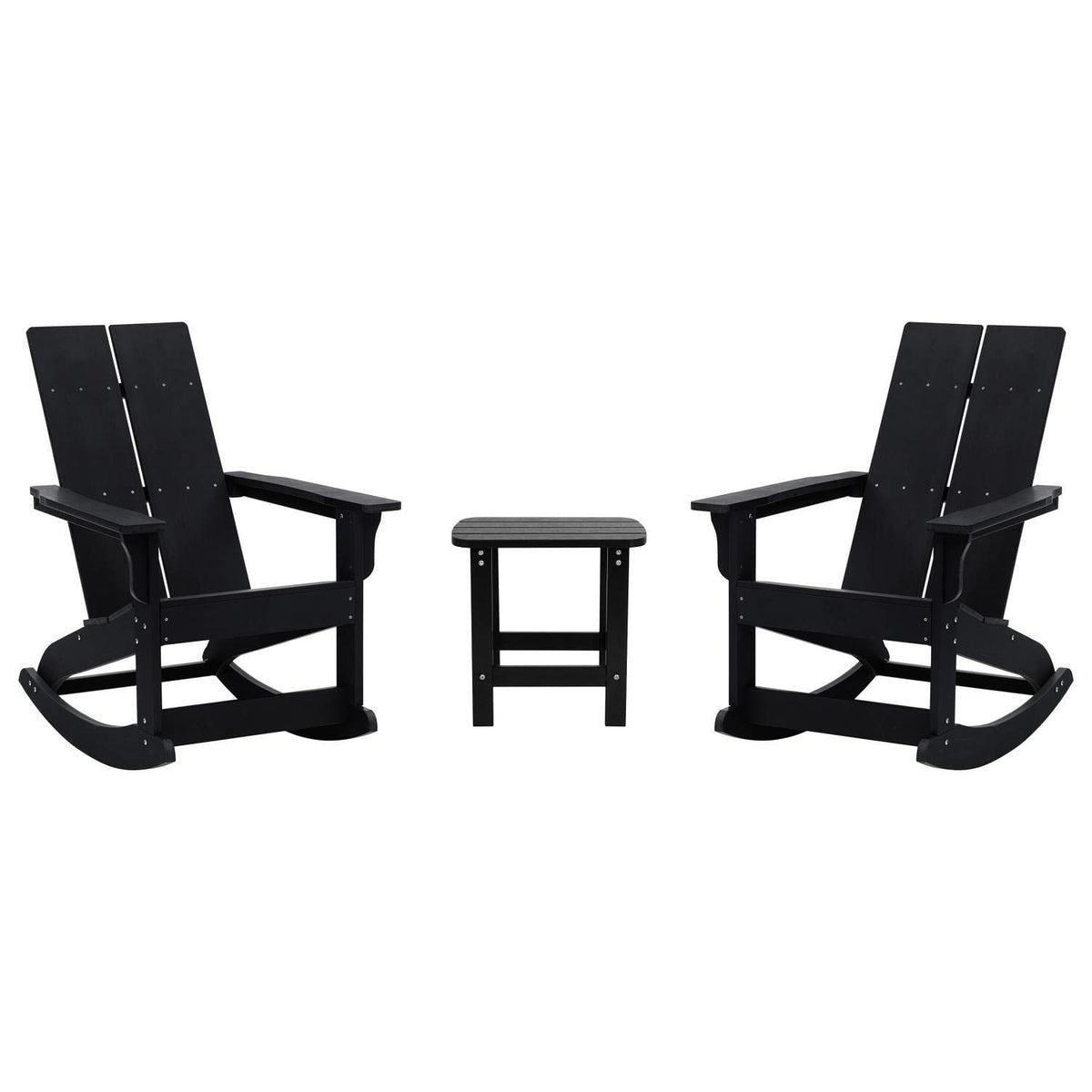 Flash Furniture Set of 2 Finn Modern Commercial Grade Adirondack Rocking Chairs - All-Weather Black Poly Resin Wood - Matching Side Table