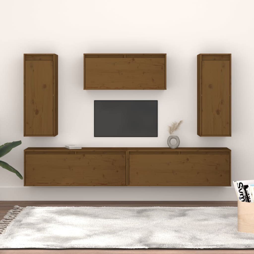vidaXL TV Stands - Set of 5, Solid Pinewood, Honey Brown Finish, Classic Design, Space Utilizing, Easy to Clean, Perfect for Books, & Collectables.