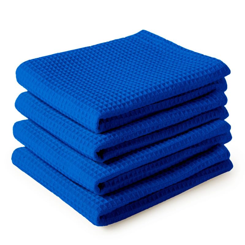 Encasa XO Kitchen Dish Towels Set | Blue | Waffle Weave and Flat Hand Tea Towel | 28x18 | Quick Drying Reusable Cotton Washcloth