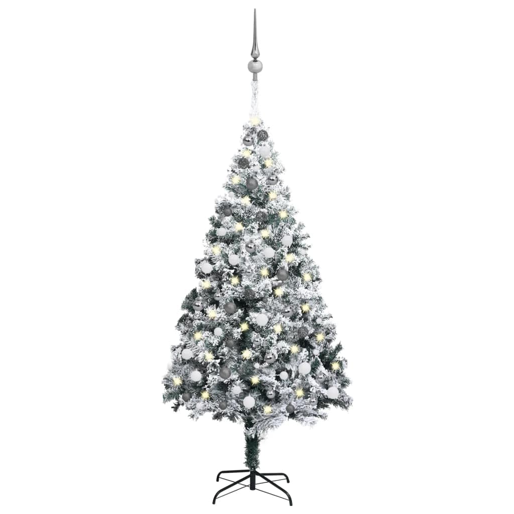 vidaXL Artificial Christmas Tree with LEDs and Ornament Set in Green, White Snow Flocked, Eco-Friendly PVC Material, Sturdy Metal Stand, Thick Branches - 82.7&quot;