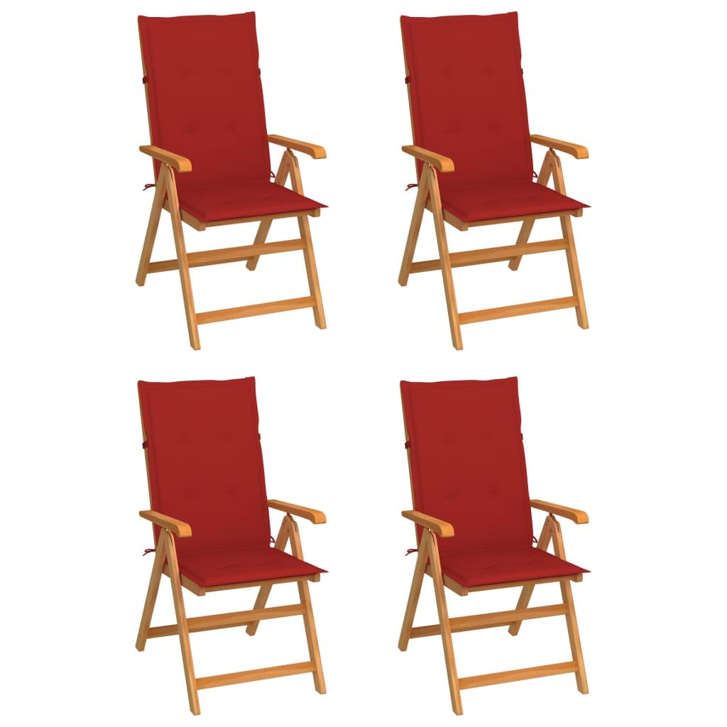 vidaXL Teak Wood Patio Chairs-Set of 4 with Red Fabric Cushions-Foldable and Adjustable-Reclining Wooden Outdoor Seating for Garden, Deck, Patio Use