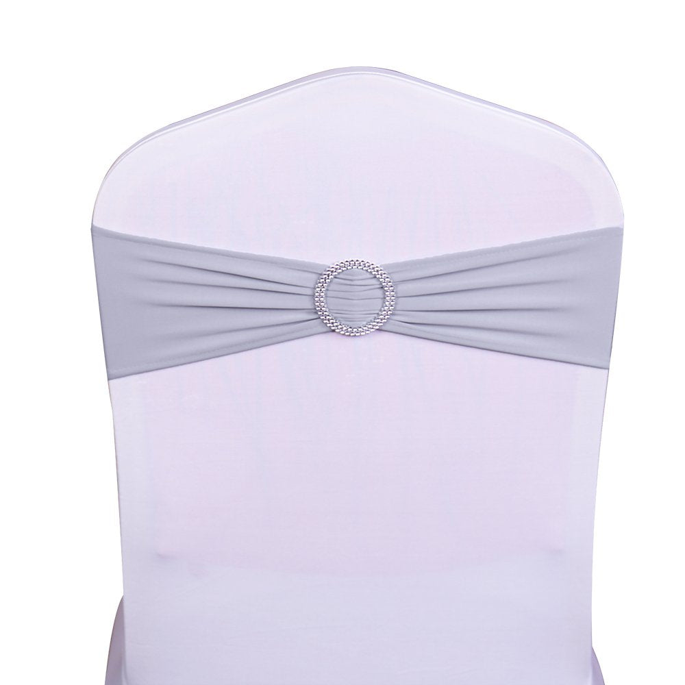 Sinssowl Pack Of 50Pcs Elastic Slider Chair Sashes Spandex Chair Cover Band Bows For Wedding Decoration-Silver Grey