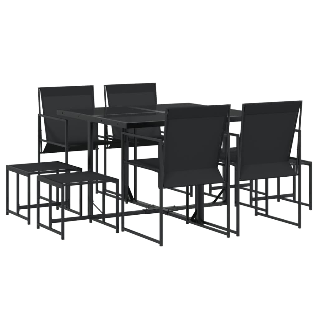 vidaXL Patio Dining Set - 9 Piece Outdoor Black Steel Table and Chairs with Stools, Weather-Resistant Textilene Fabric, Foldable Seating