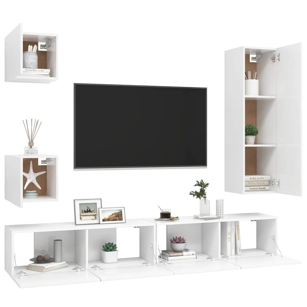 vidaXL TV Stand Set 5 Piece Home Living Room Bedroom Furniture HiFi Stereo Cabinet TV Stand Media Unit Entertainment Center Engineered Wood White