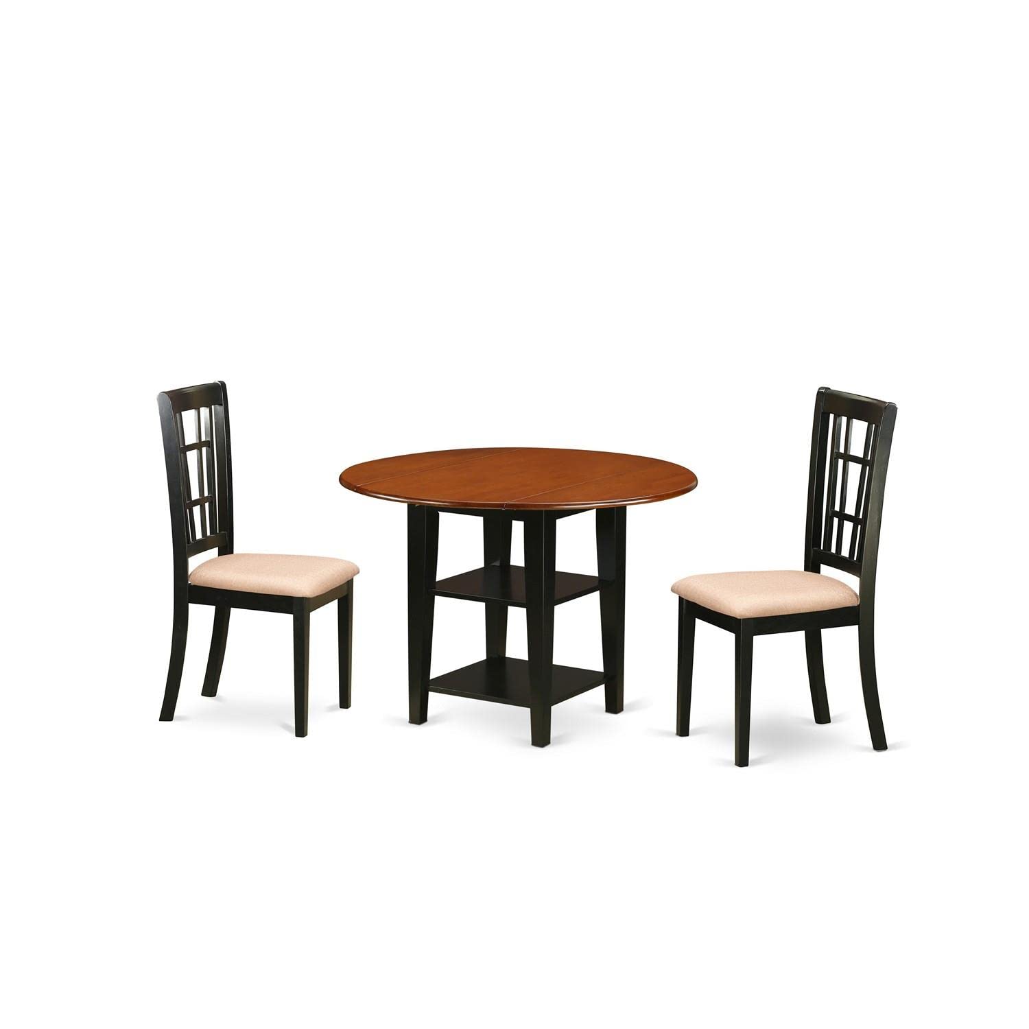 East West Furniture Suni3-Bch-C 3 Piece Kitchen Table Set Contains A Round Dining Room Table With Dropleaf & Shelves And 2 Linen Fabric Upholstered Dining Chairs, 42X42 Inch, Black & Cherry