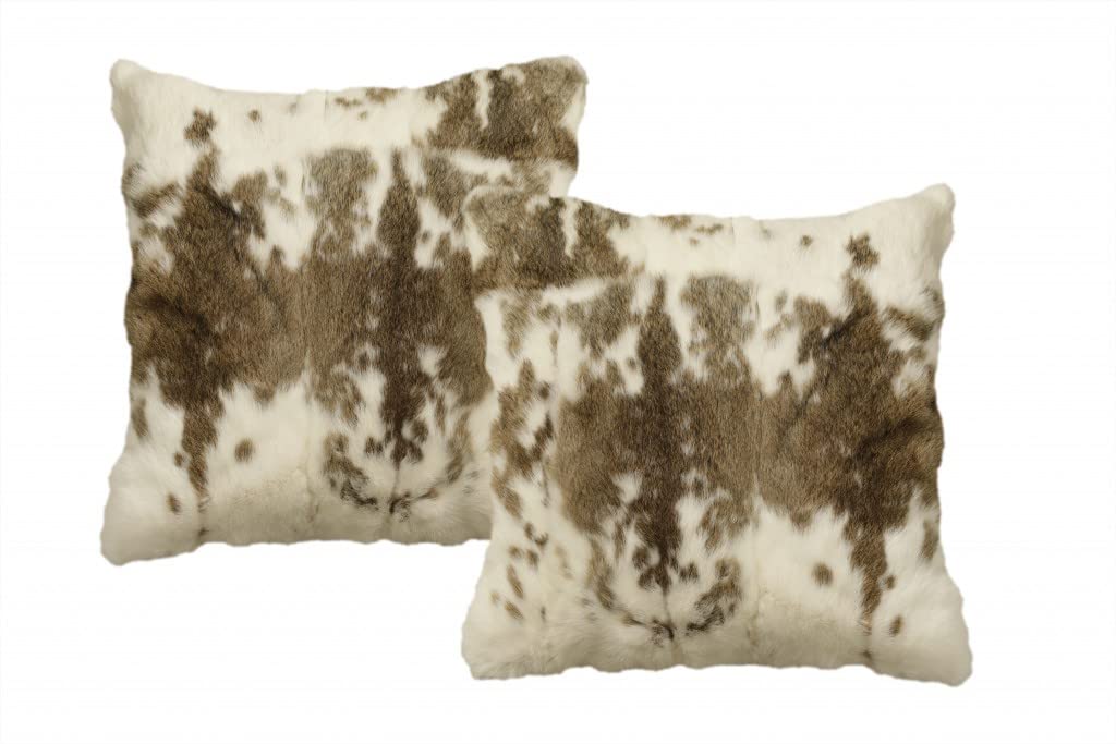HomeRoots 100% Natural Rabbit Fur and Microsuede Set of Two 18' X 18' Brown and White Rabbit Natural Fur Animal Print Throw Pillows