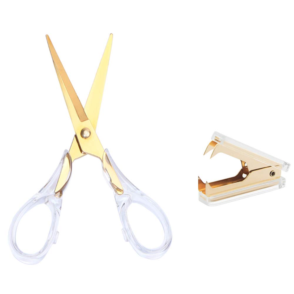 Multibey Acrylic Gold Craft Scissors Staple Remover Set Acrylic Metal Fabric Scissor Home Office Desk Supplies (Clear Gold)