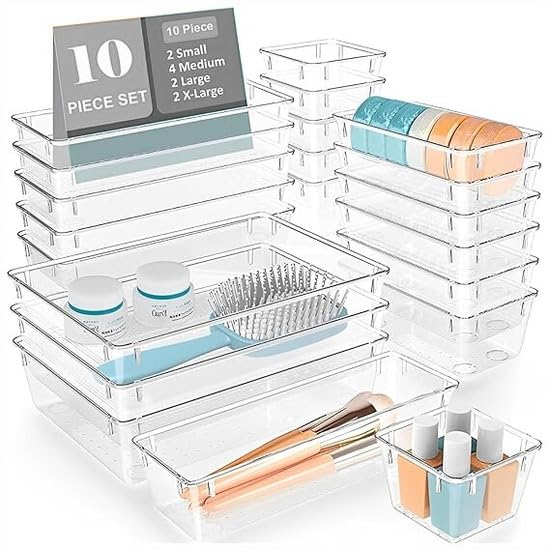 UMax 10 Pcs Clear Plastic Drawer Organizer Set, 4 Sizes Desk Drawer Organization And Storage Containers For Cosmetics, Jewelry,