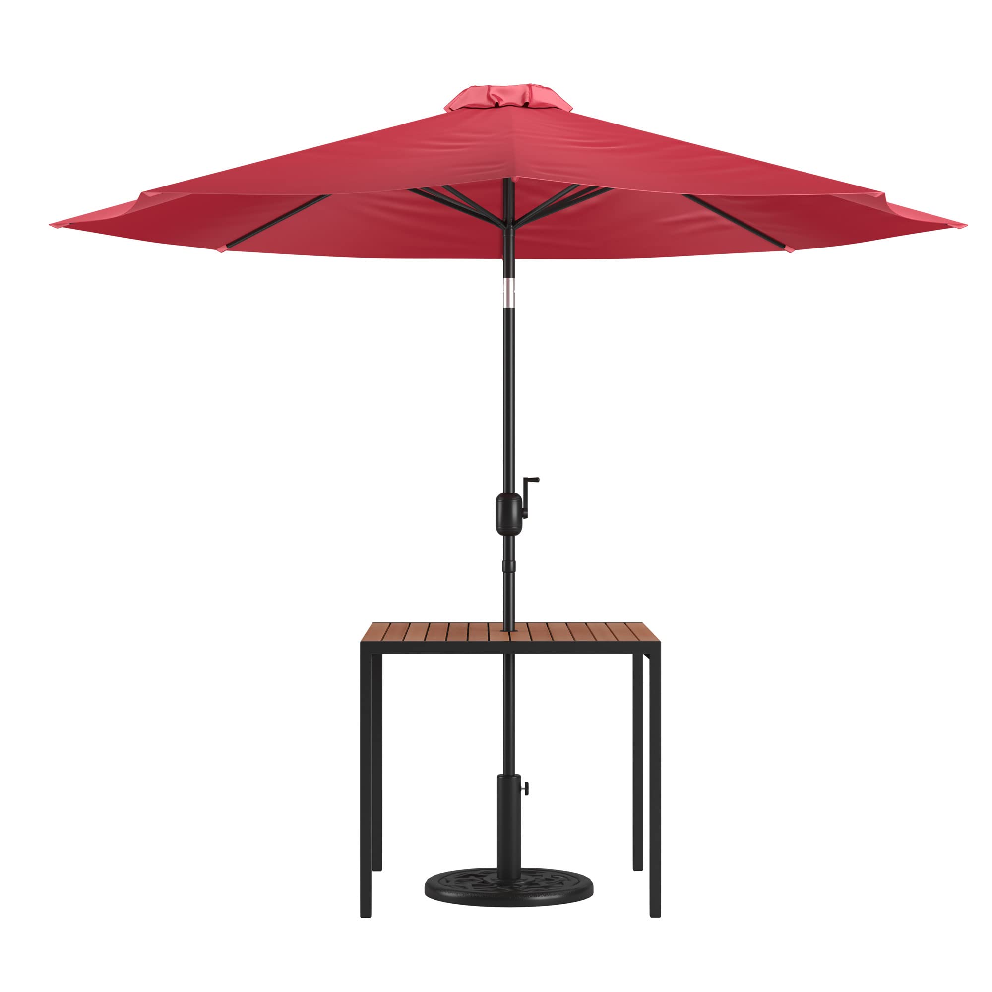Flash Furniture 3 Piece Outdoor Patio Table Set - Natural Faux Teak Dining Table - 35&quot; Square Synthetic Teak Patio Table with Umbrella Hole - Red Umbrella with Base