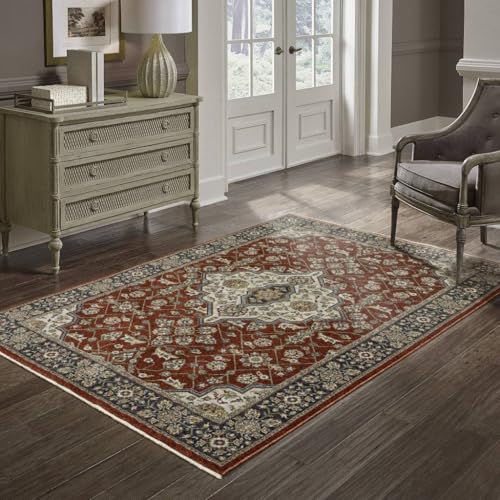 HomeRoots 508086 10 x 13 ft. Red Ivory Blue Navy Gold & Gray Oriental Power Loom Stain Resistant Rectangle Area Rug with Fringe