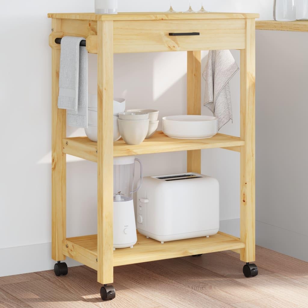 vidaXL Kitchen Trolley Rolling Cart - Solid Pine Wood with Honey Wax Finish, Mobile Organizer with Wheels for Home and Living Storage, 23.6x15.7x35.4