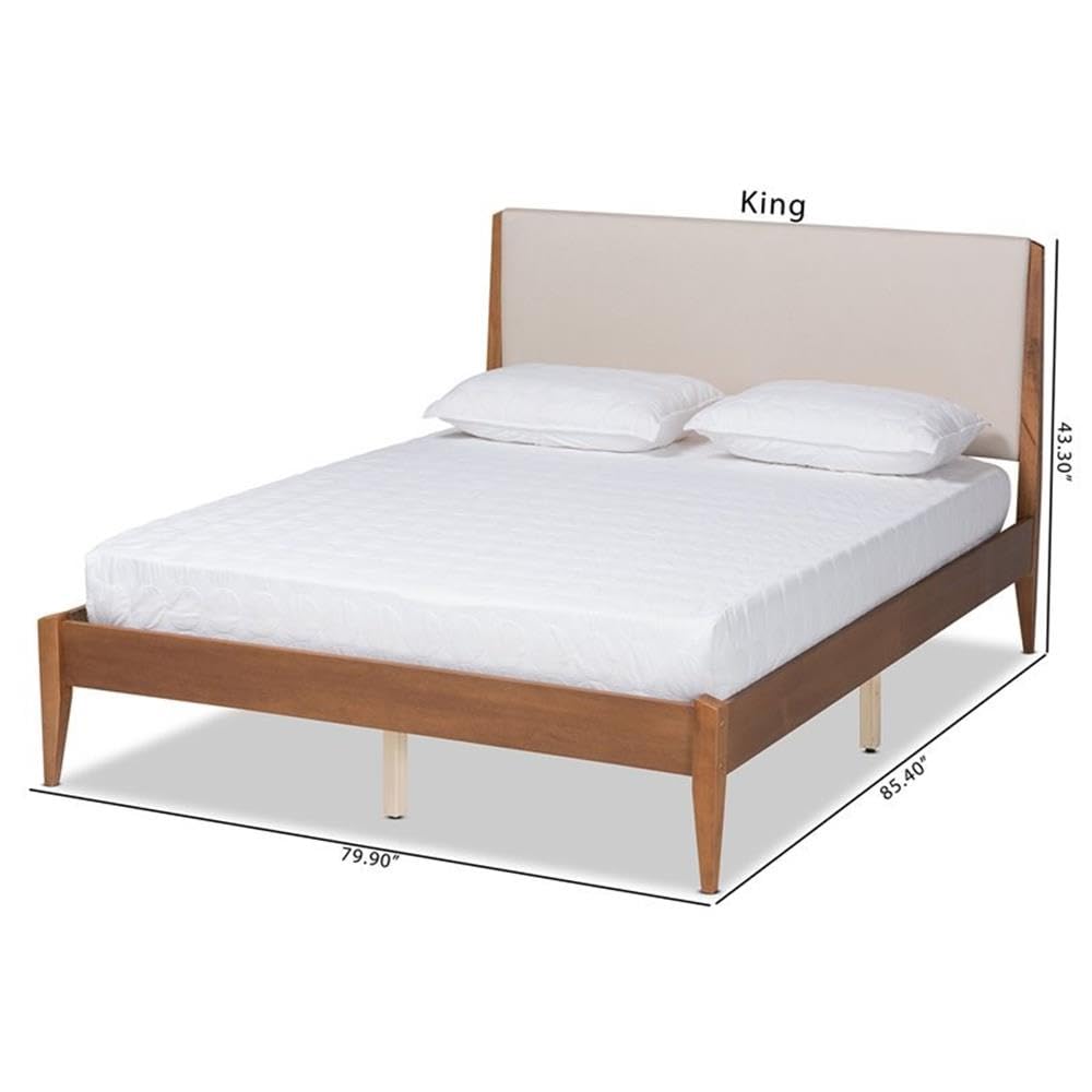 Baxton Studio Lenora Mid-Century Modern Beige Fabric Upholstered and Walnut Brown Finished Wood Full Size Platform Bed