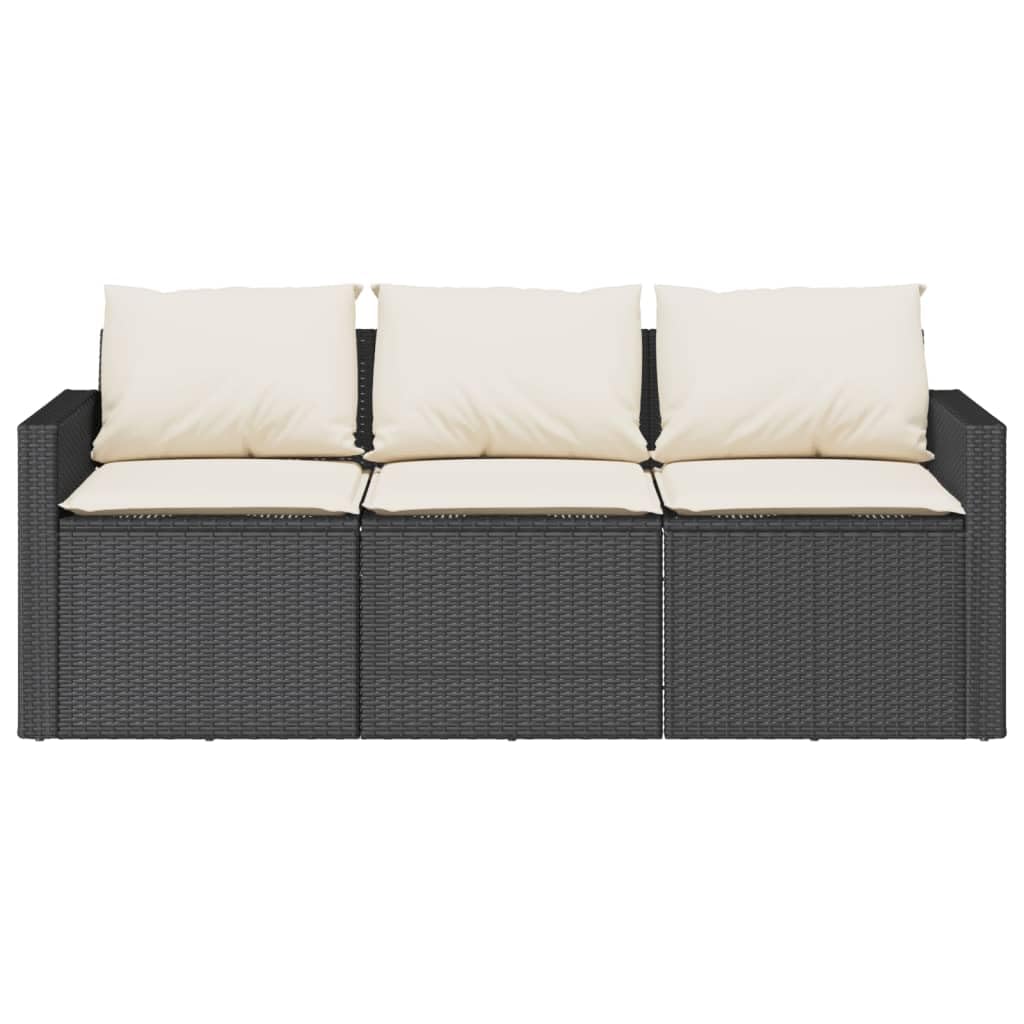 vidaXL Patio Sofa with Cushions 3-Seater Outdoor Seating Black Poly Rattan - Weather Resistant & Removable Covers