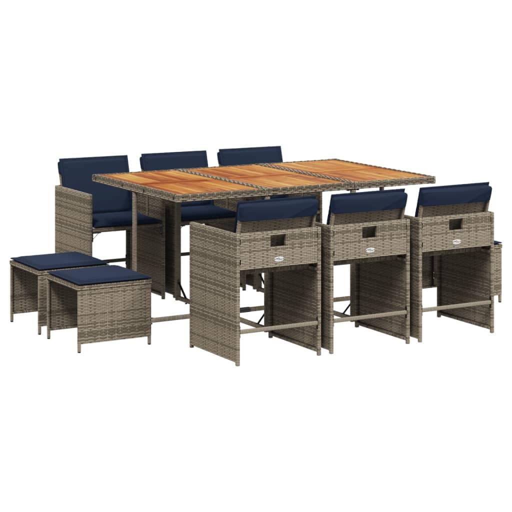 vidaXL 11-Piece Patio Dining Set with Cushions – PE Rattan, Powder-Coated Steel, Acacia Wood, Navy Blue Cushions, Gray/Brown, Space-Saving for Outdoor, Garden, Backyard Use