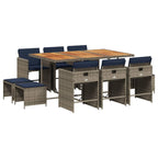 vidaXL 11-Piece Patio Dining Set with Cushions – PE Rattan, Powder-Coated Steel, Acacia Wood, Navy Blue Cushions, Gray/Brown, Space-Saving for Outdoor, Garden, Backyard Use