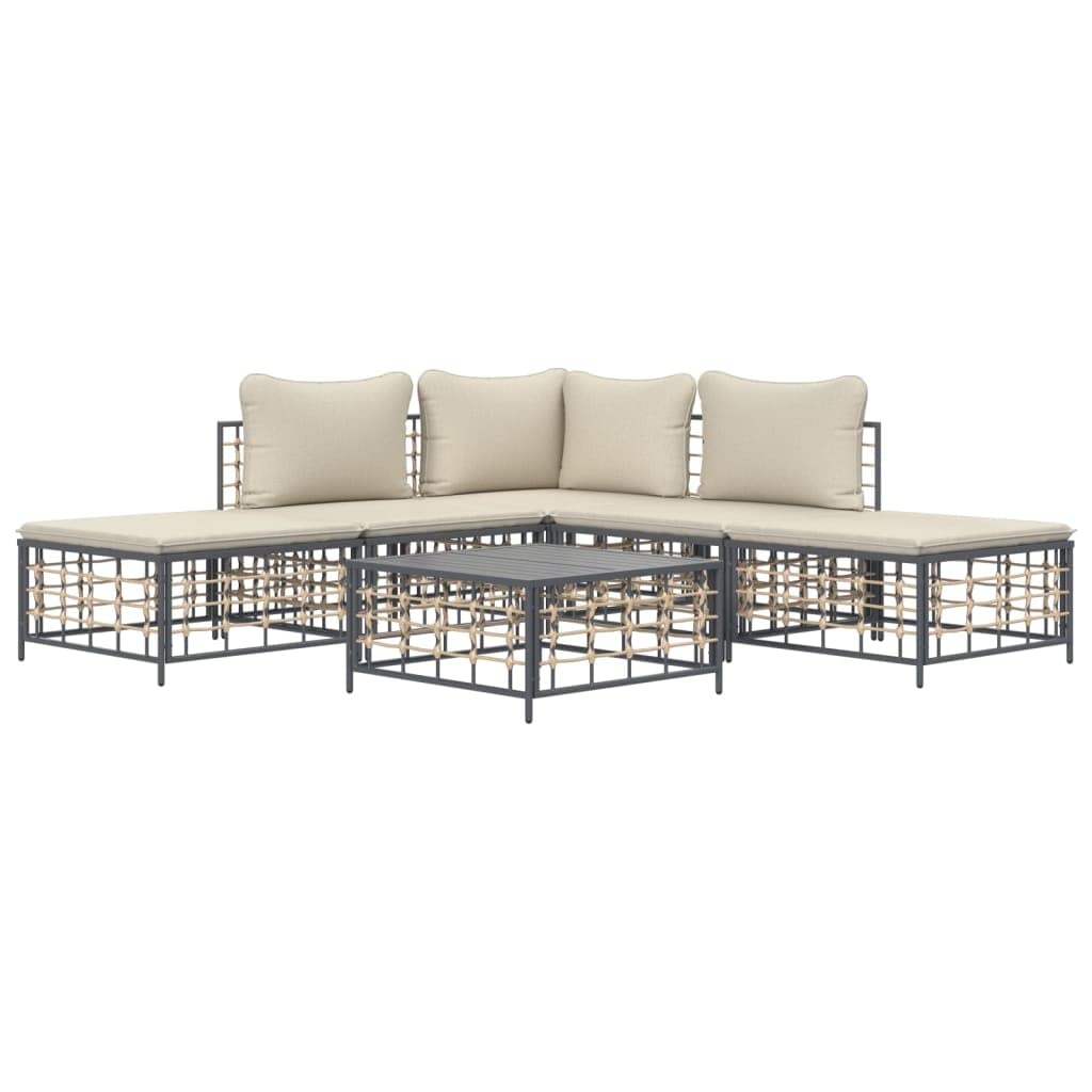 vidaXL 6 Piece Patio Lounge Set with Cushions -Sturdy Anthracite Poly Rattan Outdoor Furniture - Modular Sofa Set with Coffee Table & Footstool - Weather-resistant and Comfortable Seating Experience