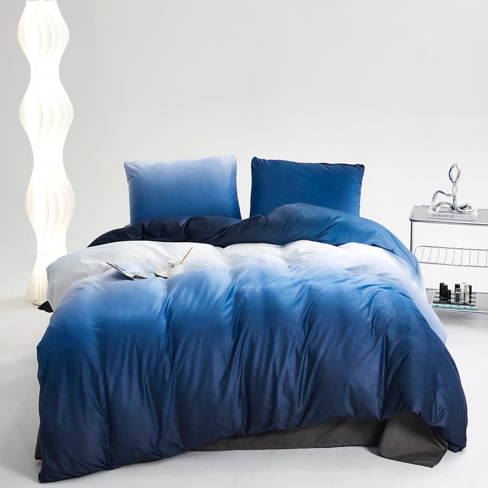CLOTHKNOW Dark Blue Velvet Comforter Set Queen 3Pcs Blue White Gradient Bedding Comforter Sets Fluffy Queen Comforter Soft Blue 