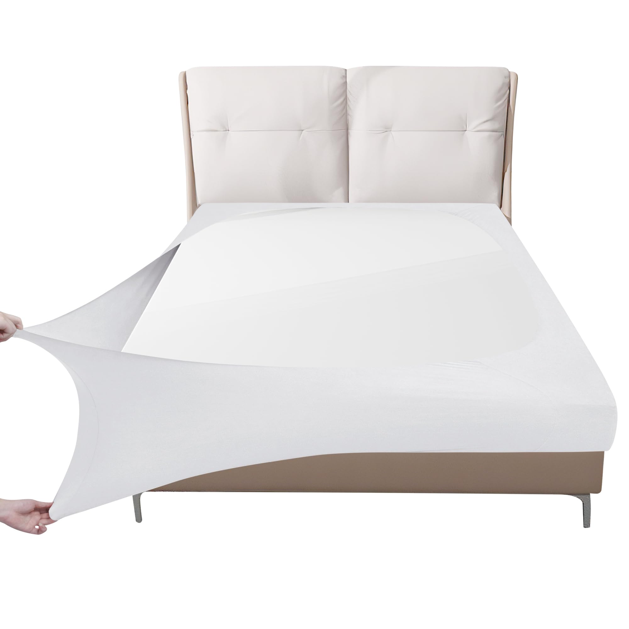 Easy-Going Box Spring Cover Queen Size, 4 Way Stretch Smooth and Elastic Wrap Around Band 4 Sides Bed Skirt, White