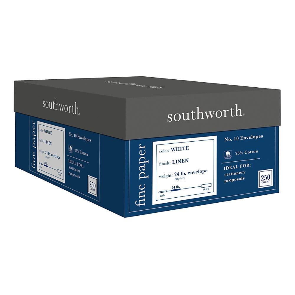 Southworth 24% Cotton #10 Envelopes, 4.125' X 9.5', 24 Lb/90 Gsm, Linen Finish, White, 250 Count - Packaging May Vary (J554-10