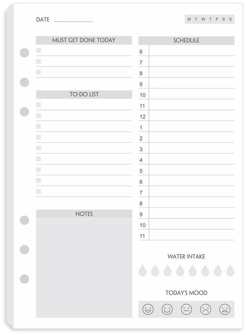(Set Of 90 Sheets) A5 To Do List Refill Paper, Undated Daily Schedule, Day Priorities, Notes And Water Tracker, 6-Hole Punches,
