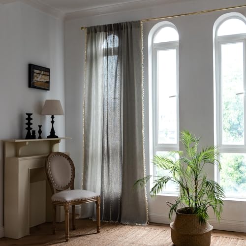 Sutuo Home Boho Curtains For Bedroom Dining Room, Semi Blackout Linen Farmhouse Shabby Chic Tassels Window Treatment Bohemian Embroidery Drape, Rod Pocket 1 Panel 52' W X 84' L, Gray Linen
